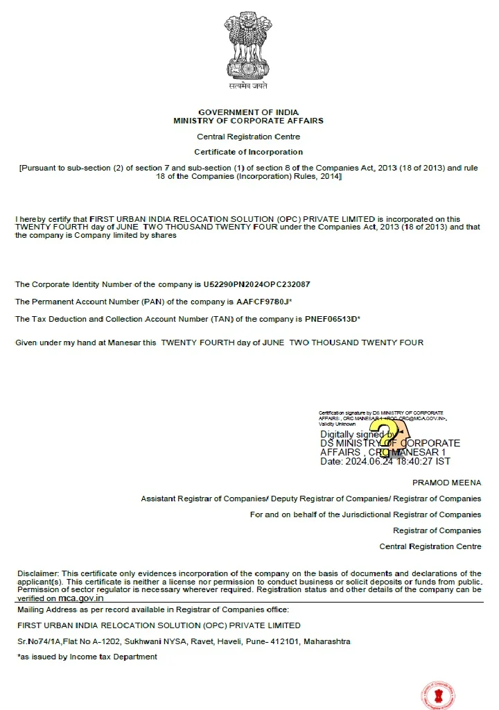 Urban Packers and Movers MSME Udyam Registration Certificate